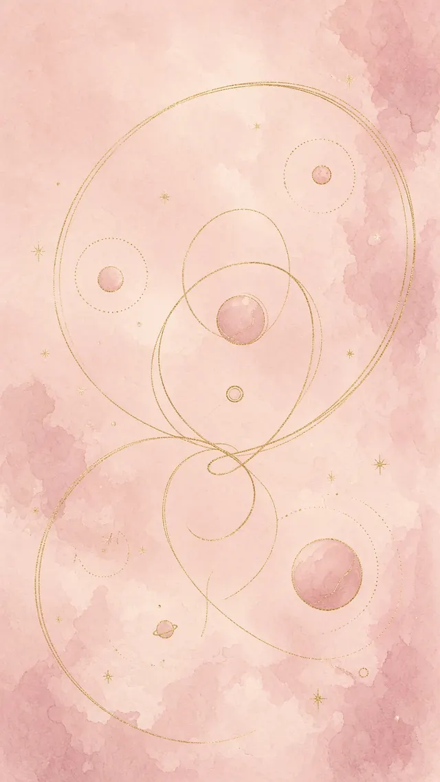 Goldene Umlaufbahnen und Planeten auf rosa Aquarellgrund