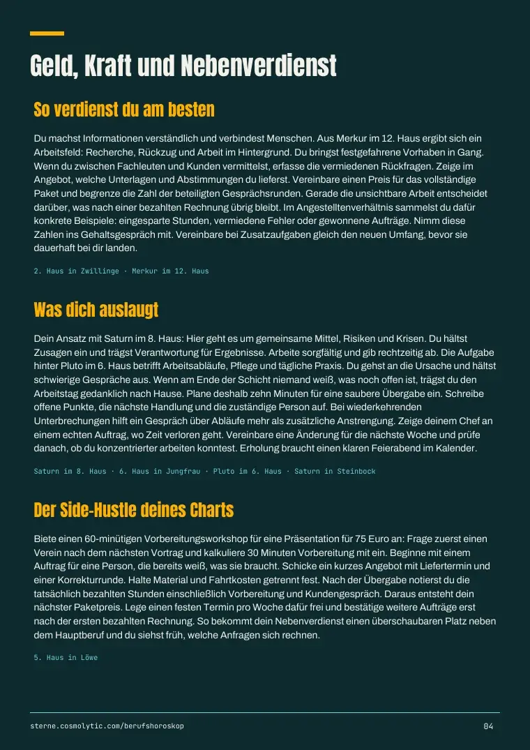 Miriams Muster-PDF, Seite 4: Geld, Kraft und Nebenverdienst