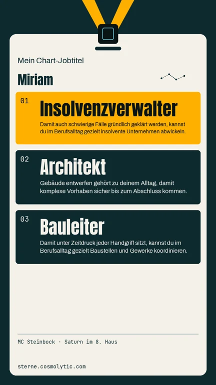 Miriams Storykarte mit ihren drei Chart-Jobtiteln und MC in Steinbock
