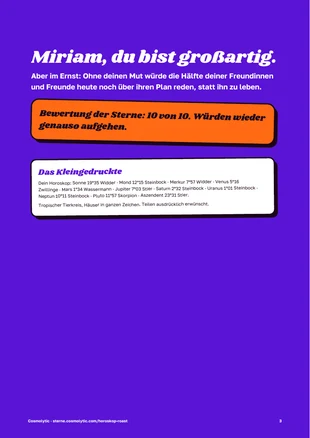 Seite 3 in Ultraviolett: „Miriam, du bist großartig.“, Bewertung der Sterne 10 von 10 und alle Positionen im Kleingedruckten
