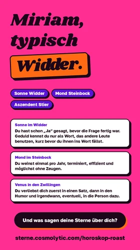 Story-Bild 1080×1920: „Miriam, typisch Widder.“ mit Sonne, Mond, Aszendent und drei Roast-Zeilen